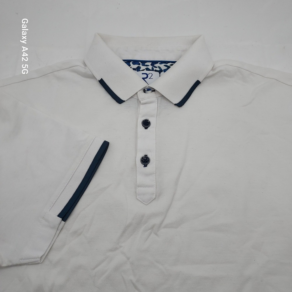R2 Amsterdam Mens White Cotton Pique Polo Shirt Navy Trim Size L 114.POLO